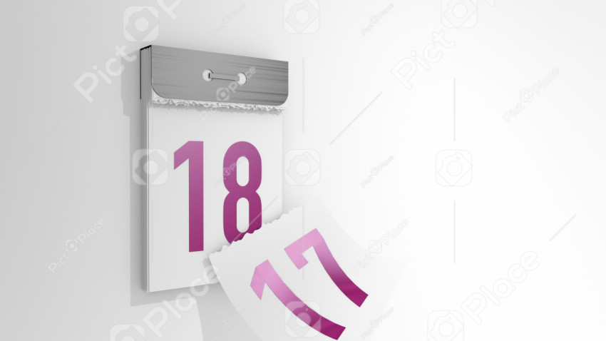 3d rendering of a minimalistic tear-off calendar. 3d illustration of changing days from 17 to 18. Falling page of the past day.