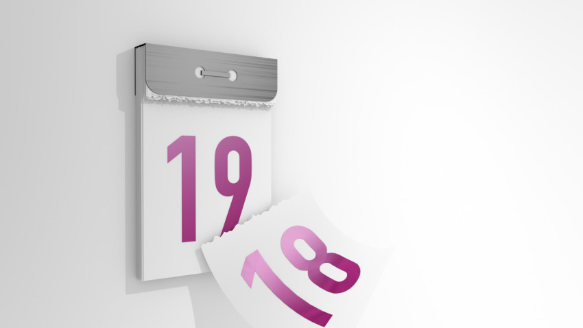 3d rendering of a minimalistic tear-off calendar. 3d illustration of changing days from 18 to 19. Falling page of the past day.