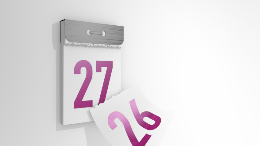 3d rendering of a minimalistic tear-off calendar. 3d illustration of changing days from 26 to 27. Falling page of the past day.