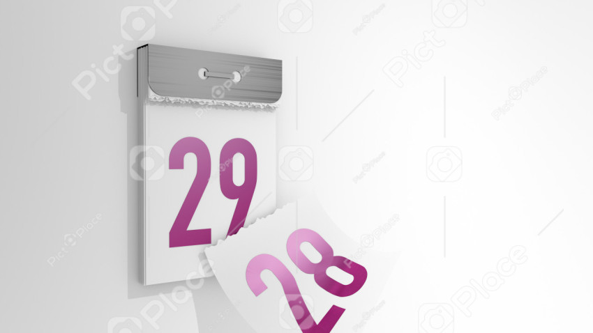 3d rendering of a minimalistic tear-off calendar. 3d illustration of changing days from 28 to 29. Falling page of the past day.