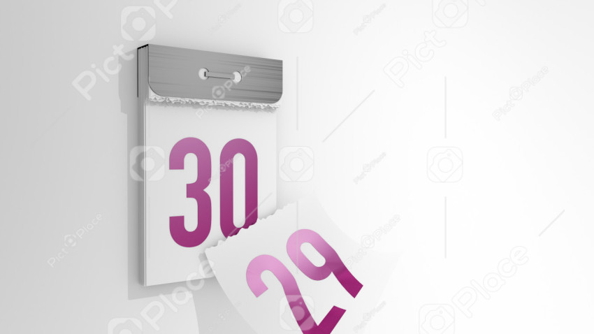 3d rendering of a minimalistic tear-off calendar. 3d illustration of changing days from 29 to 30. Falling page of the past day.
