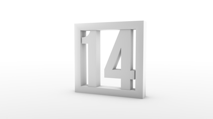 Simple minimalistic calendar. Day fourteen. Number 14 in a frame. 3d rendering, 3d illustration.