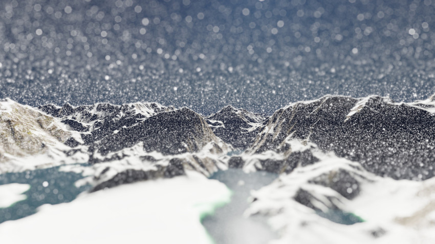 3d illustration of mountains with falling snow