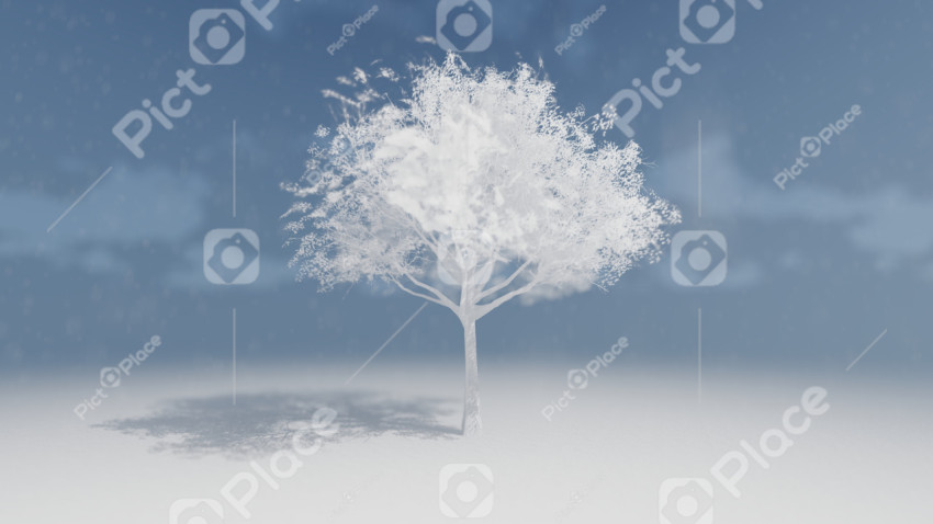 White stylized tree and its shadow on a background of blue sky with clouds