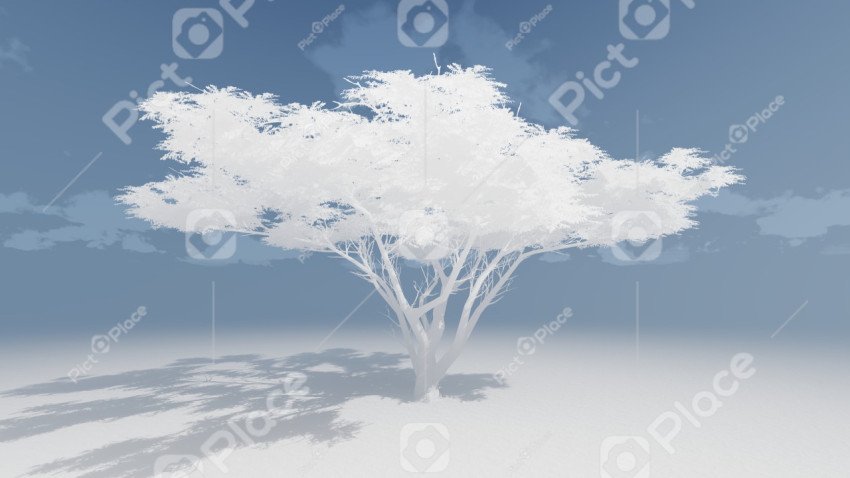 White stylized tree and its shadow on a background of blue sky with clouds