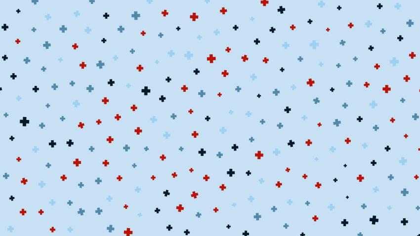 Red-blue pluses are randomly arranged on a light blue background. Illustration.