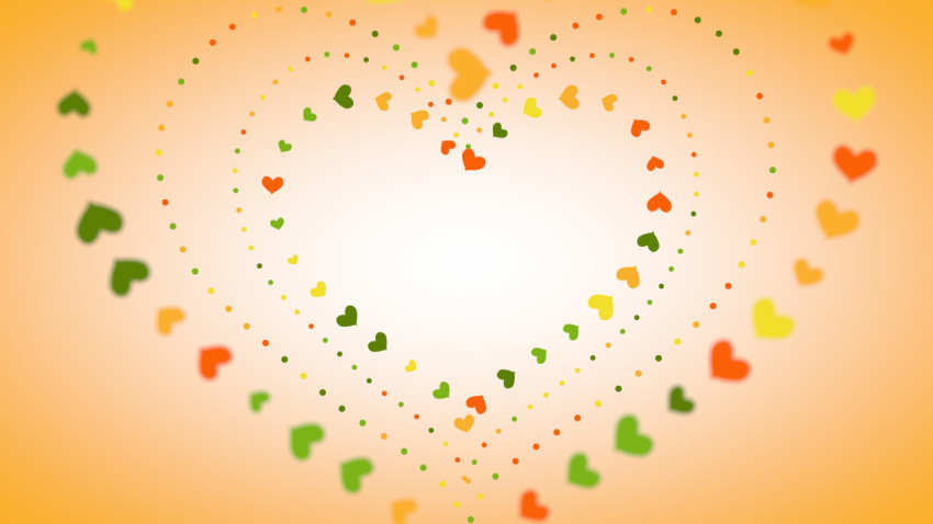 A beautiful yellow background with red and green hearts arranged in a contour to create large hearts. Illustration.