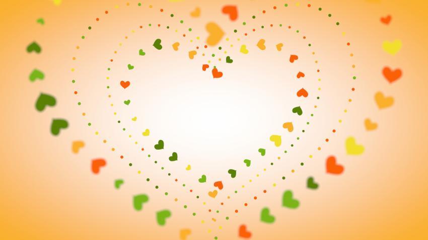 A beautiful yellow background with red and green hearts arranged in a contour to create large hearts. Illustration.