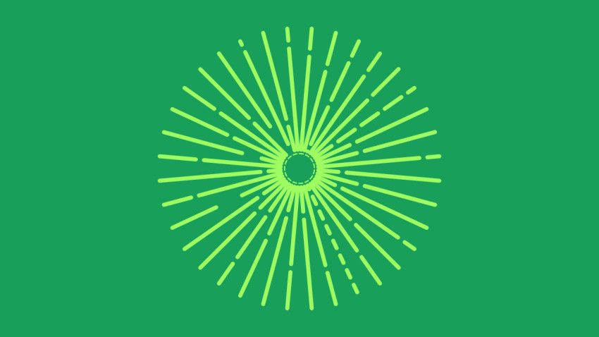 Yellow lines of different lengths are arranged around a dotted circle on a green background