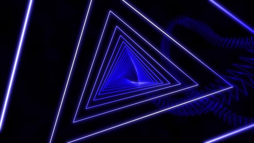 A tunnel made of glowing triangles. Dynamic abstract modern background. 3D illustration, 3D rendering.