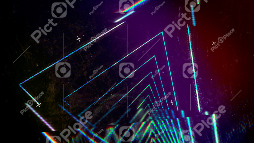 Beautiful abstract background on the theme of digital glitch.  Cyberspace in dark blues, purples and reds with glowing neon triangles forming a tunnel
