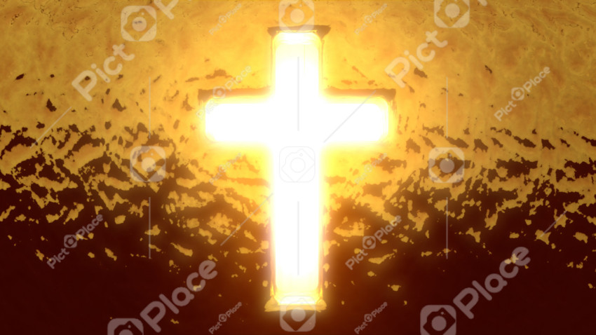 Bright glowing cross on a gold background