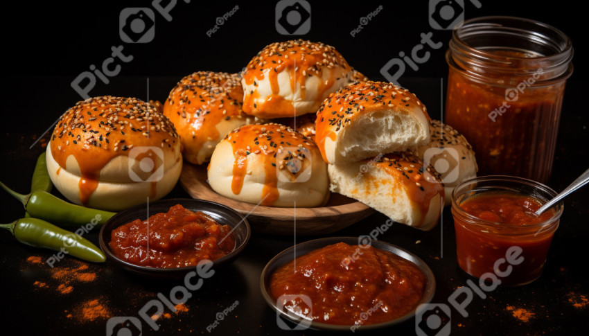 food and hot sauce with buns  1