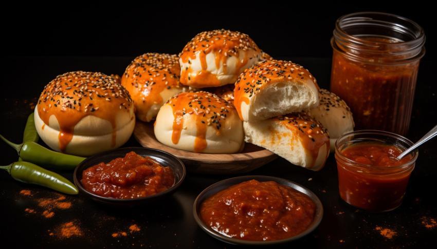 food and hot sauce with buns  1