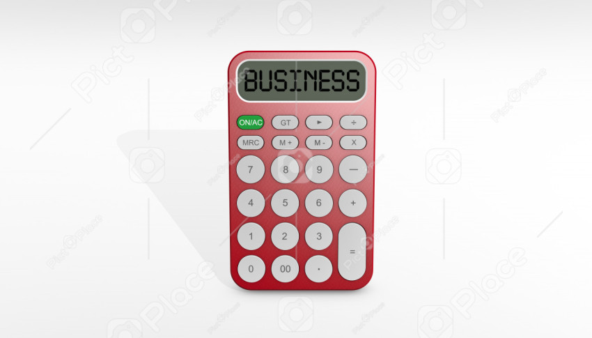 Red stylish calculator with round buttons and the inscription business on the screen on a white background. 3d rendering, 3d illustration.