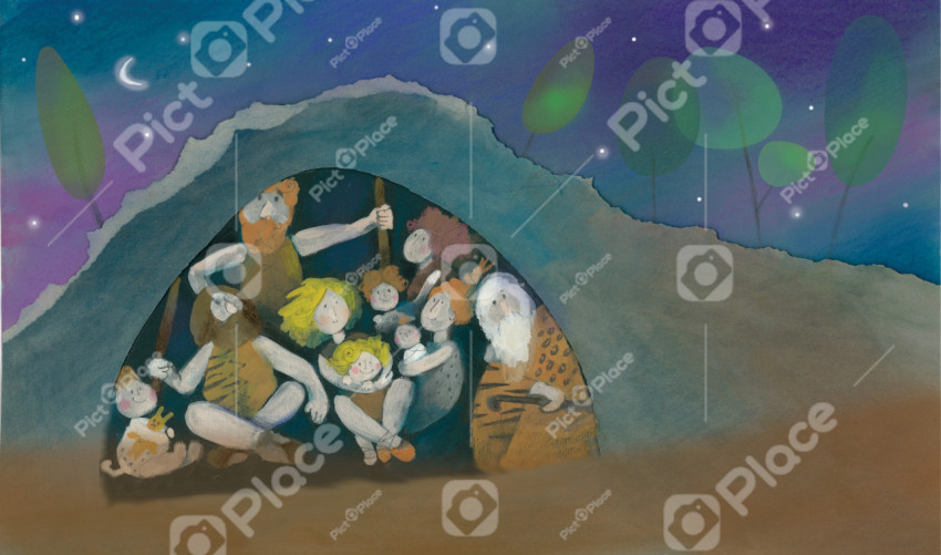 tribe of cave people in a cave