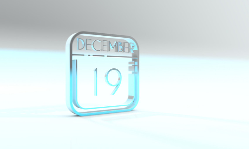 December 19 on the calendar. Cyanite colored icon. Light blue background. 3d illustration, 3d rendering.