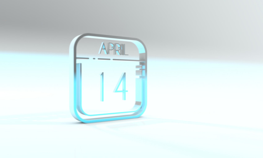 14th of April. Cyanite colored calendar icon. Light blue background. 3d illustration, 3d rendering.