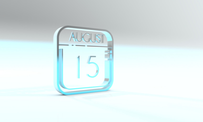 August 15th on the calendar. Cyanite colored icon. Light blue background. 3d illustration, 3d rendering.