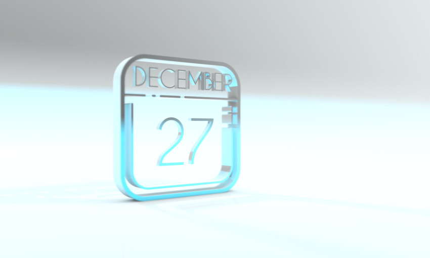December 27 on the calendar. Cyanite colored icon. Light blue background. 3d illustration, 3d rendering.