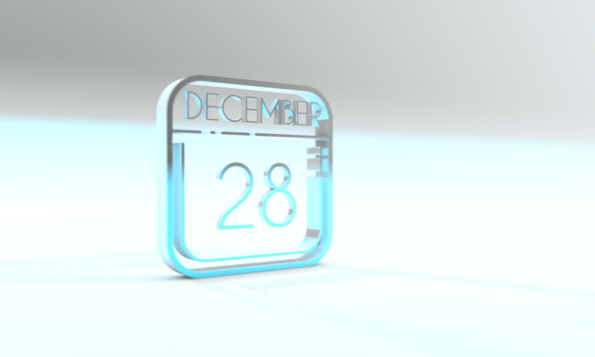 December 28 on the calendar. Cyanite colored icon. Light blue background. 3d illustration, 3d rendering.