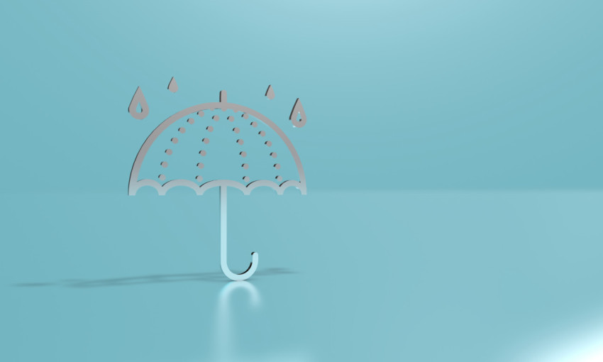 Outline umbrella icon with falling raindrops. 3D illustration, 3D rendering.