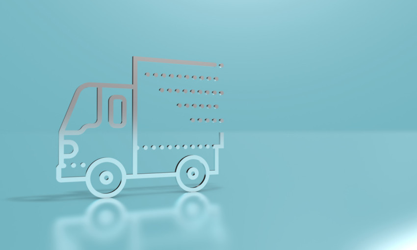 Truck outline icon on a light blue background. 3D illustration, 3D rendering.
