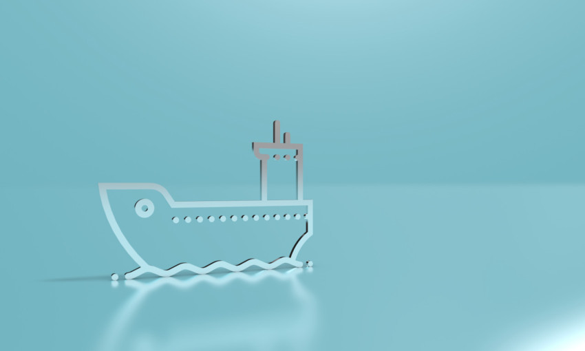 Outline icon of a ship or steamer. 3D illustration, 3D rendering.