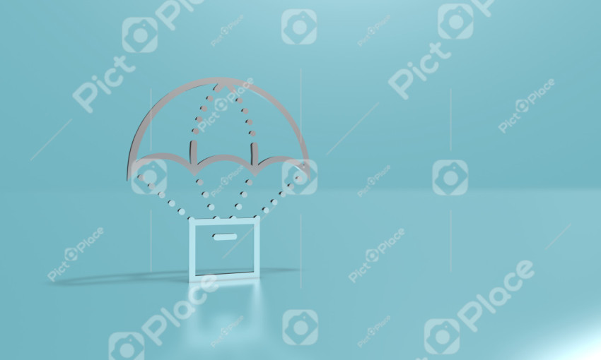 Outline icon of box with a parachute on a light blue background. 3D illustration, 3D rendering.