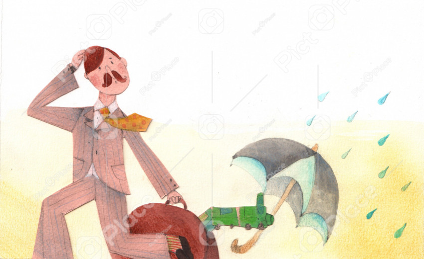 a gentleman hurrying with a suitcase full of toys and an umbrella