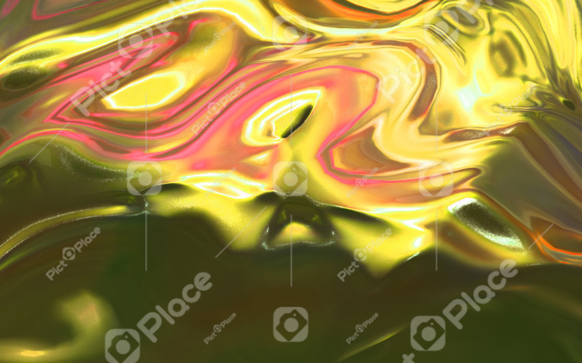 Beautiful yellow-pink abstract liquid background with metallic reflection and light refraction. 3D illustration, 3D rendering.