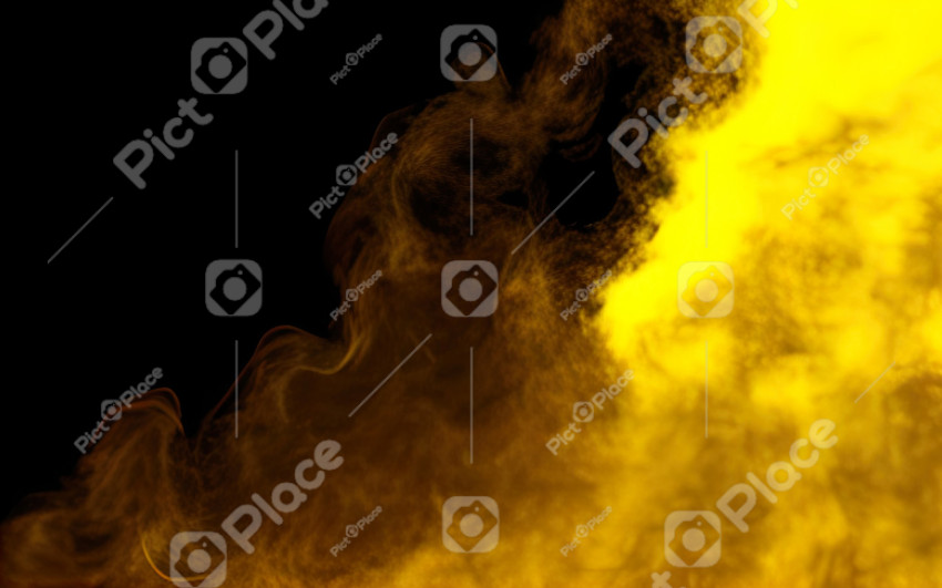 Digital illustration abstract background puffs of soft yellow smoke on black