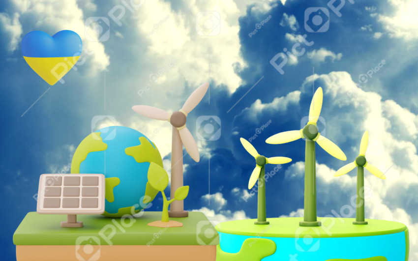 Cartoon 3d illustration, wind generators, globe, Ukrainian heart on the background of clouds
