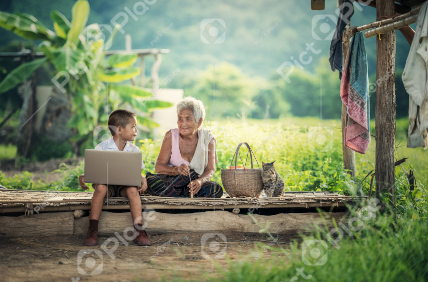 Boy with laptop, grandmother and cat