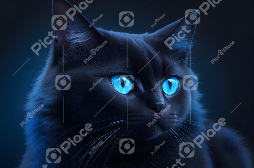 Dark cat with blue eyes on a dark background and blue light.