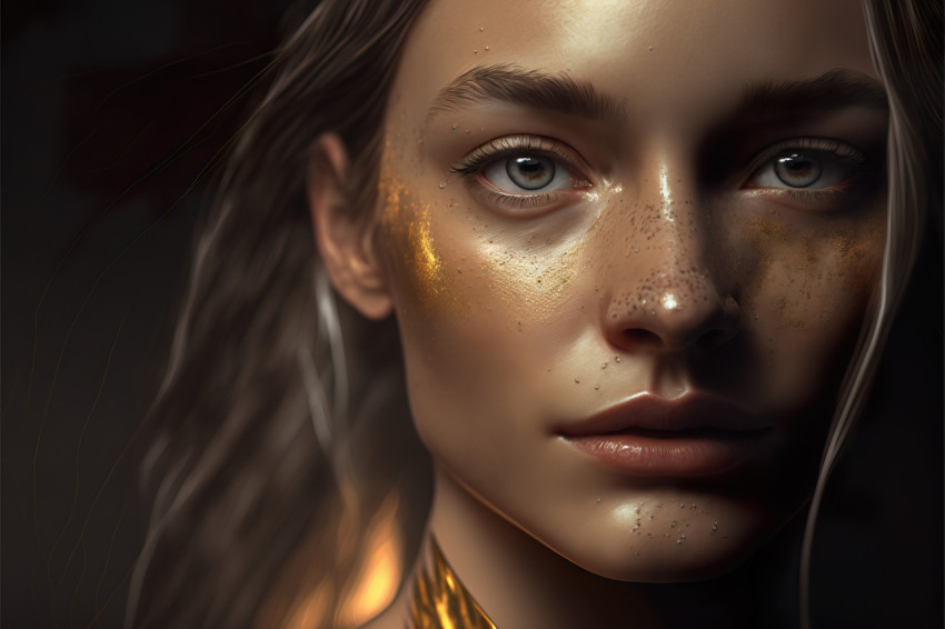 Portrait of a beautiful girl with golden dust on her face, photorealistic illustration