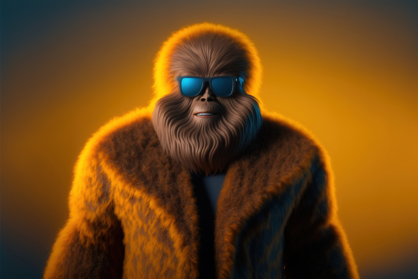 Funny Bigfoot in glasses and a fur coat, photorealistic illustration