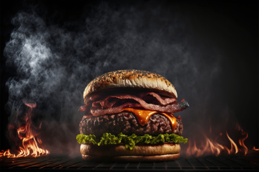 Juicy, beautiful grilled burger close up, photorealistic illustration