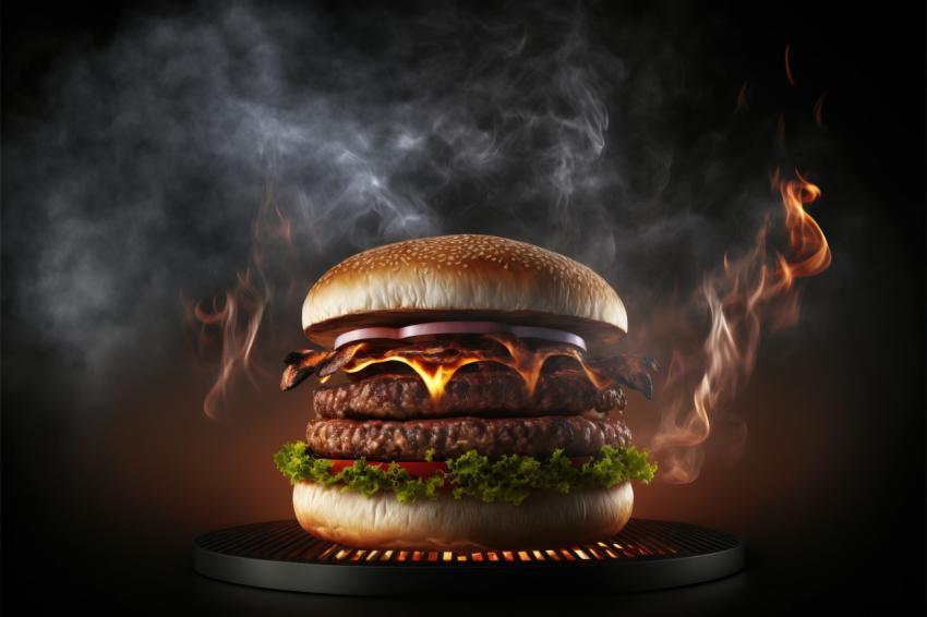 Juicy, beautiful grilled burger close up, photorealistic illustration