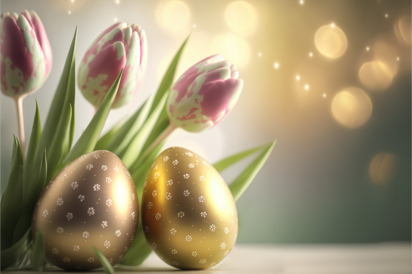 Easter golden eggs and tulips, photo realistic illustration