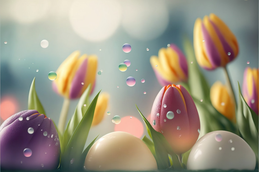 Easter eggs and tulips, photo realistic illustration