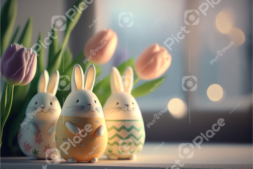 Easter bunnies in the form of eggs and tulips, photo realistic illustration