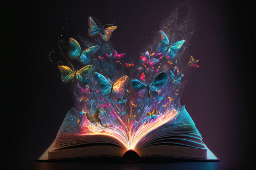 Butterflies fly out of an open book