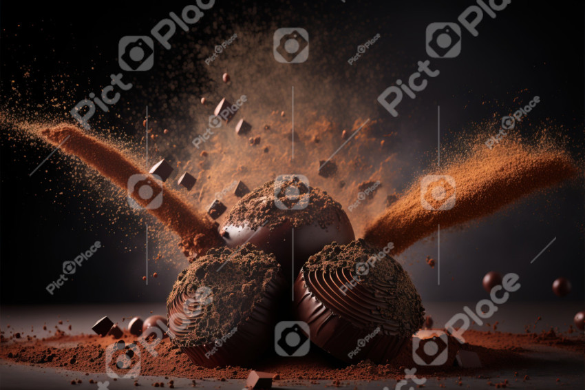 Chocolate candies in the midst of a massive explosion of dark chocolate, chocolate powder, particles and splashes
