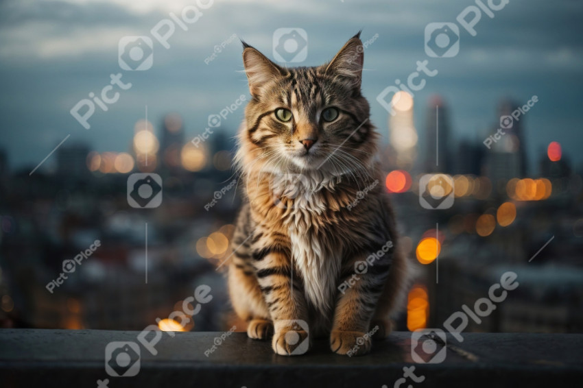 City Lights Serenade: A Majestic Cat on the Rooftop Edge