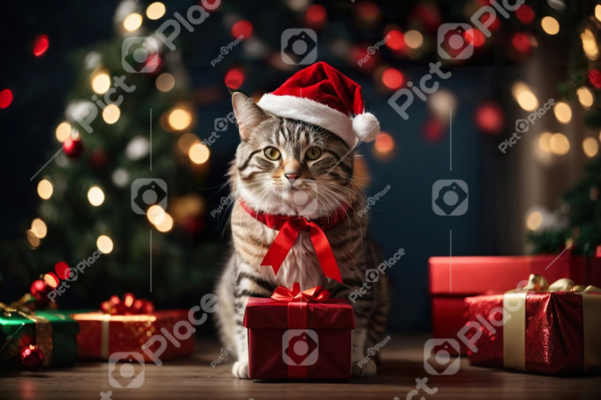 Whiskers and Wonders: Cozy Cat in Santa Hat Amidst Christmas Gifts