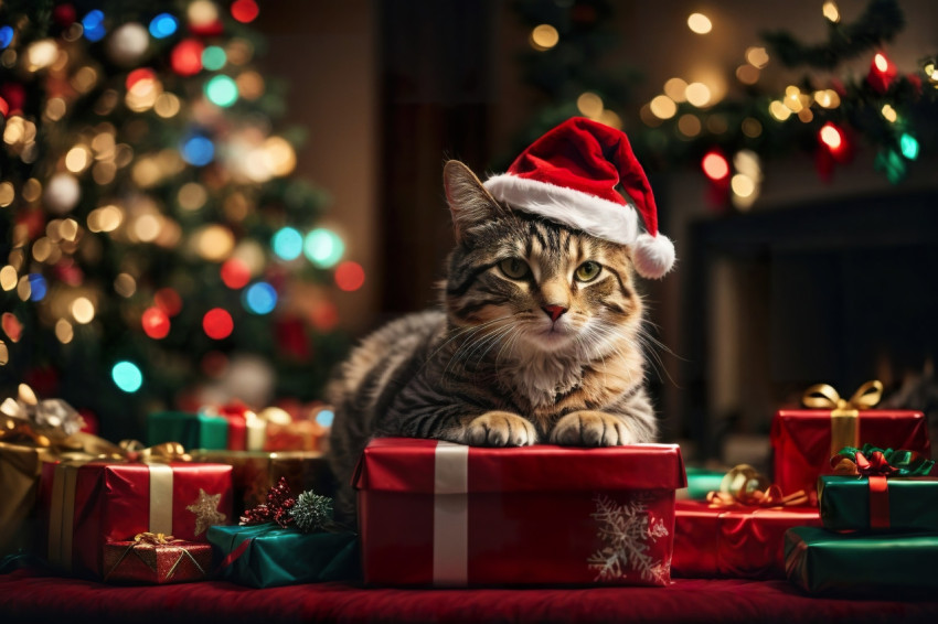 Santa Paws: Photorealistic Cat in Santa Hat with Christmas Gifts"