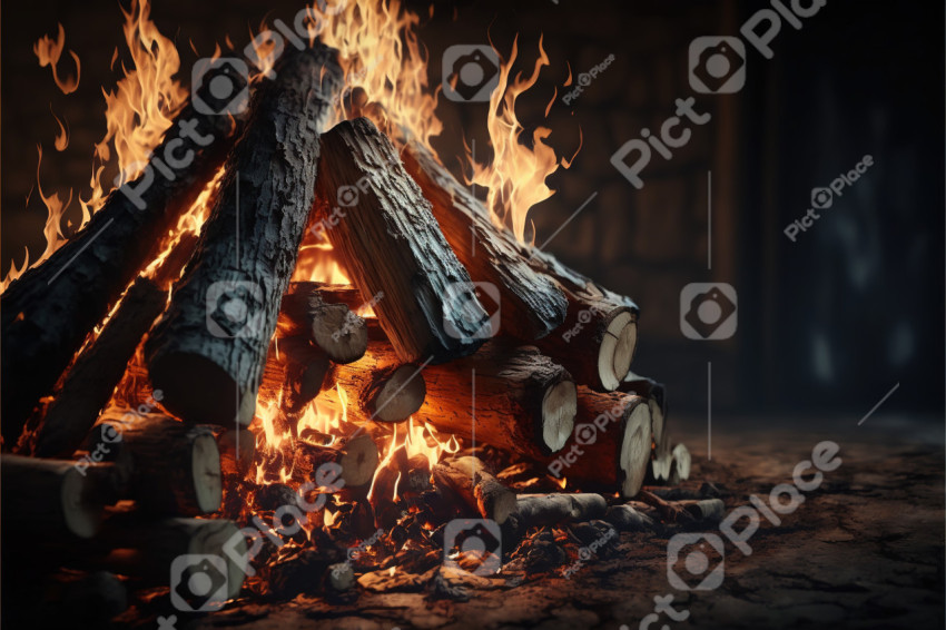 Enchanting Fireplace: Realistic Wood-Burning Illustration
