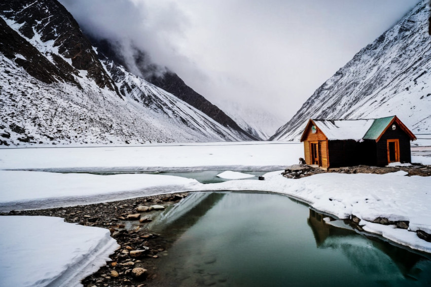 Winter hut in snowy mountains