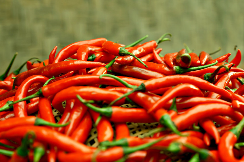 A large selection of hot red peppers